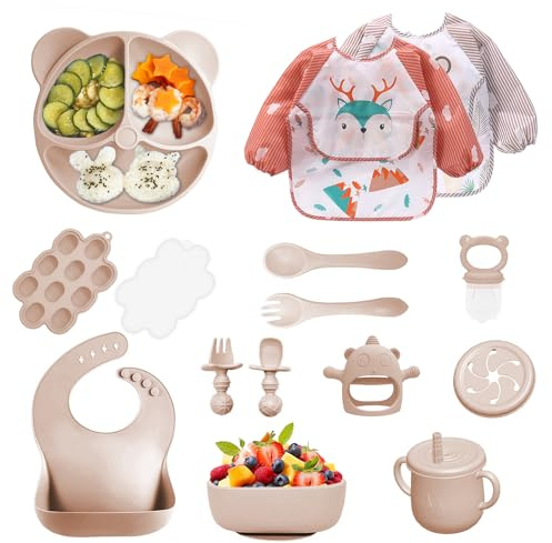 14 pièces Coffret Repas Bebe Silicone, Assiette bebe Set avec Ventouse Assiette Bol Fourche Cuillère Bavoir et Tasse, Enfant Set Couverts Vaisselle Pour Sevrage Manger (Beige)