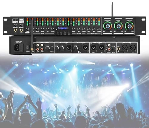 Digital Equalizer Preamplifier, 5-Channel Microphone Interface with One-Click Anti Howling, Independent Mic/Music/Reverb Adjustment for Conference and Events