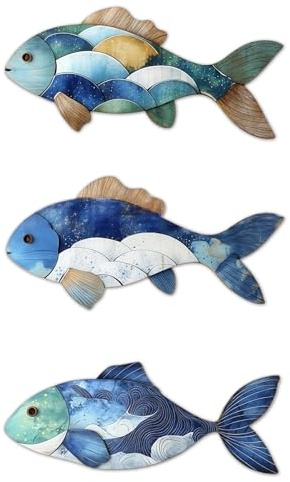 PIujsym 3 Stück Holz Fische Wandbehang Set im Ostsee Stil, Ozean Wellen Motive Wandornamente als Sommerdeko, Küstenstil Zubehör für Badezimmer Deko und Wohnzimmer maritime Dekoration