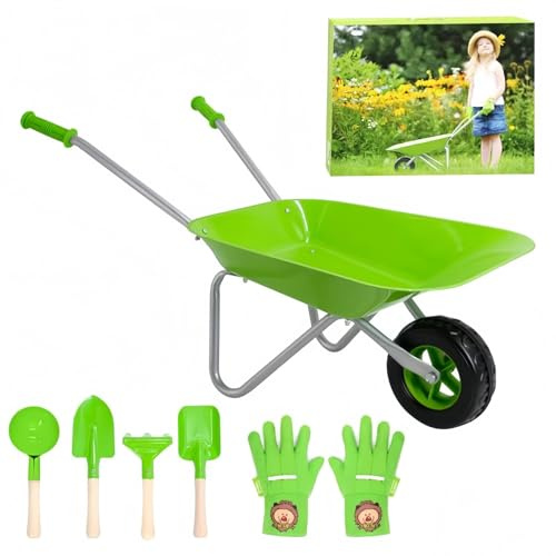 Racocou Kids Metal Wheelbarrow & Garden Tool Set, Beach Sand Toys, Outdoor Educational Pretend Play, Preschool Sensory Training,Green