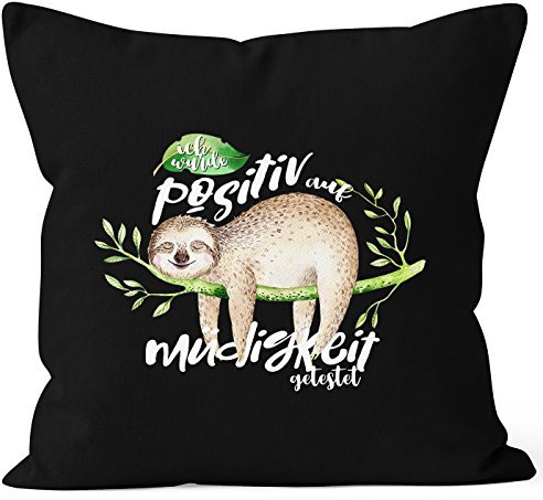 MoonWorks Kissenbezug Faultier Faultier Ich wurde positiv auf Müdigkeit getestet Sloth Kissen-Hülle Deko-Kissen 40x40 Baumwolle schwarz 40cm x 40cm