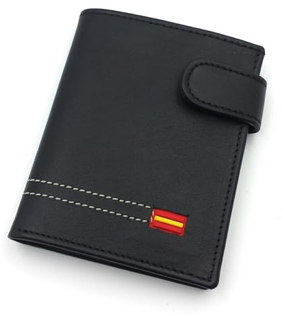 franartPiel - Cartera, billetera, tarjetero, monedero vertical Piel Ubrique con bandera de España y cierre de trabilla modelo pequeño - Alta Calidad - Negro