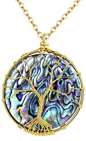 FOCALOOK Bijou Femme Plaqué Or Collier Arbre de Vie Chaîne Pendentif Rond avec Coquillage Coloré Accessoire Charm Religion