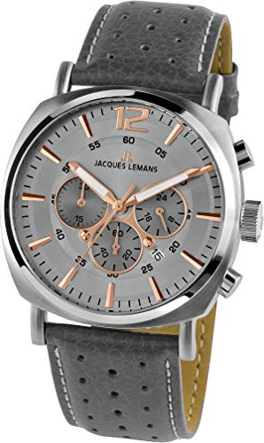 JACQUES LEMANS Herrenuhr Lugano Lederarmband massiv Edelstahl Chronograph 1-1645.1L