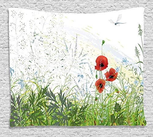 ABAKUHAUS Blumen Wandteppich, Rote Mohnblumen-Libelle, Wohnzimmer Schlafzimmer Heim Seidiges Satin Wandteppich, 200 x 150 cm, Grün Rot
