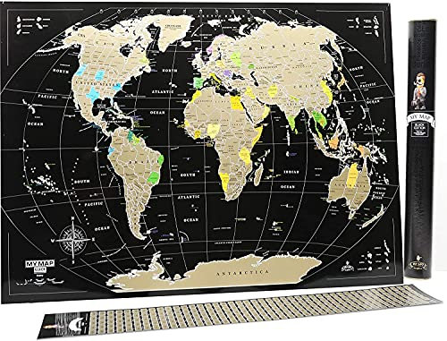 Schwarze Rubbel Weltkarte - Hochwertige Qualität - Rubbelweltkarte Deluxe Edition - Weltkarte zum frei rubbeln - Weltkarte zum Freirubbeln - Rubbelkarte - Landkarte (gold) (61 x 40 cm)