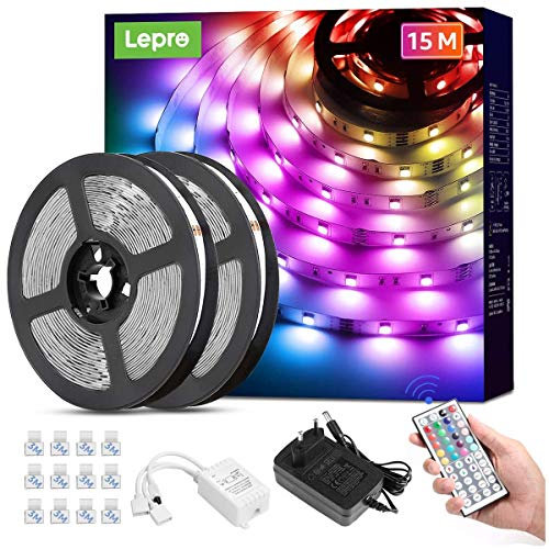 Lepro LED Strip 15M(2x7.5M) RGB Set, 5050 SMD 450 LEDs Streifen, 12V, LED Band Selbstklebend, Flexibel LED Lichtband, LED Lichterkette IP20, LED Leiste Kette Dimmbar, Netzteil und Controller enthalten