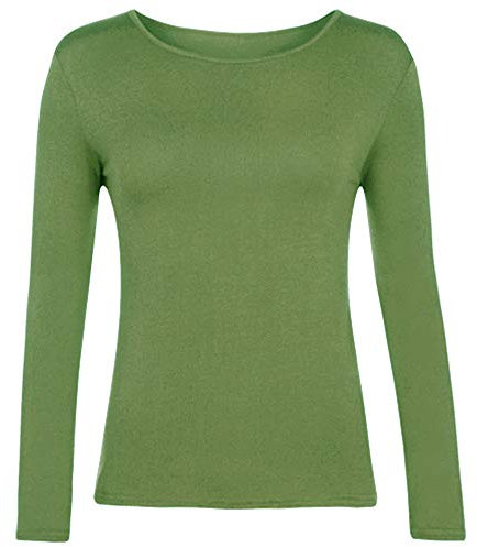 Women Long Sleeve T-Shirt Top Basic Casual Plain Stretch Vest Body Blouse Tee Layering, S/M 8-10, Khaki