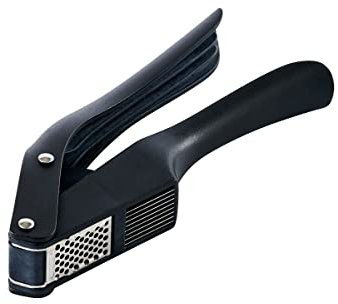 MASTRAD – 1 Presse et Tranche Ail – Ustensile de cuisine Multifonction – Hachoir 2-en-1 Résistant – Nettoyage Facile - Accessoire de Cuisine en Inox 18/8-19 cm x 12,5 cm – Noir