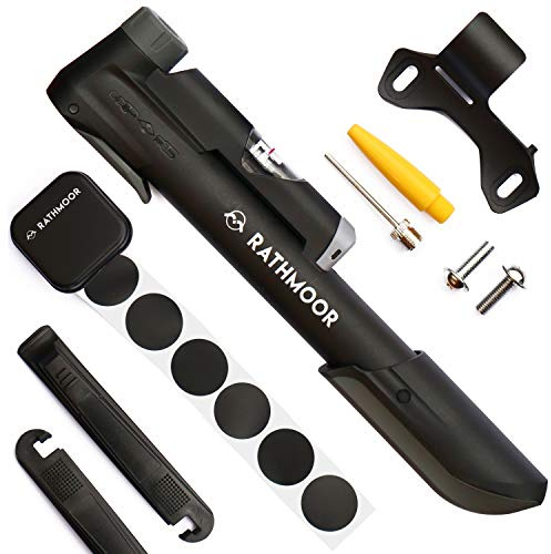 Rathmoor Emergency Mini Bike Pump with Gauge, Glueless Repair Kit, Tyre Levers and Ball Needle