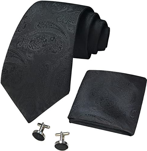 CANGRON Herren Krawatte Schwarz Paisley Krawatte Einstecktuch Manschettenknöpfe Krawatten Set DLSP8QE