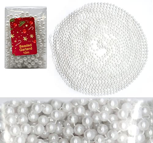 HOVUK® 10M Shiny Bead Garland, Shatterproof Pearl White Bead Chain, Plastic Pearl Beads Christmas Garland, Traditional Luxury Christmas Tree Decoration
