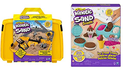 Kinetic Sand Baustellen Koffer - mit 907 g magischem Schweden, Baustellenfahrzeug und Zubehör für kreatives Indoor-Sandspiel, ab 3 Jahren & Eiscreme Set mit Duftsand - 454g magischer Sand, ab 3 Jahren
