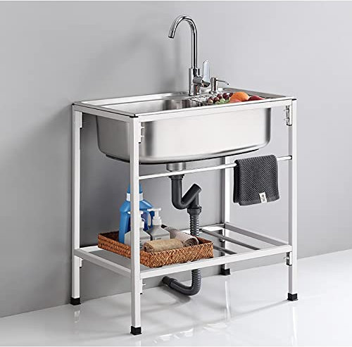 Outdoor Spültisch Edelstahl,Spüilbecken Küche,Werkstatt Spüle Standwaschbecken Waschtrog Garage Garten Camping Spülschrank Komplettspüle Mit Armatur,Praktisches Handwaschbecken Und Aufbewahrungsregal