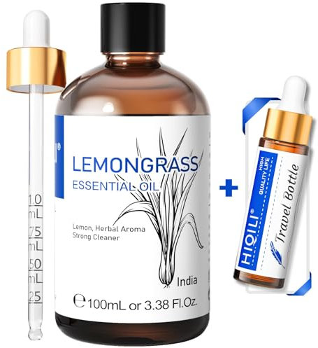 HIQILI Lemongrass Essential Oils for Diffuser 100ml | Natural Mosquito Repelled, Relieve Stress, Air Fresh, Skin Care, Candle Making Scent | Travel Bottle Included
