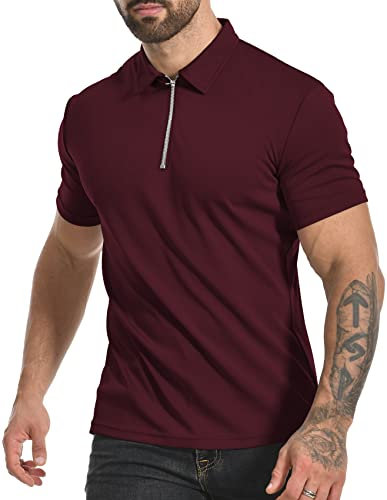 MLANM Men's Short Sleeve Polo Shirts 1/4 Zip Quick Dry Golf Polo Shirt Summer Outdoor Lightweight Short Sleeved Shirts, Wine Red 2XL