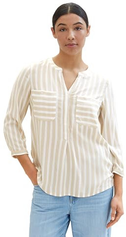 TOM TAILOR Damen Bluse mit Streifen & Brusttaschen, 35211 - Beige Offwhite Stripe, 36