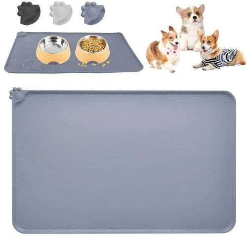 Tapis Gamelle Chien, Tapis de Gamelle en Silicone pour Animaux, Tapis d Alimentation Imperméable Silicone, Tapis Gamelle Chien et Chat, Imperméable et Antidérapant, Gris, 47 X 30 cm
