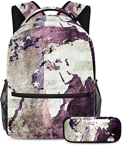 VAPOKF Schulranzen-Set für Teenager, Mädchen, Jungen, Schüler, Büchertasche, Rucksack mit Federmäppchen für die Schule, Weltkarte, Vintage USA, multi, Einheitsgröße, Schulranzen-Sets