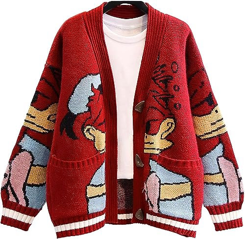 Lazutom Womens Fall Cute Embroidery Cartoon Duck Cable Knit Cardigans Sweater Button Down Slouchy Wool Blend Coat