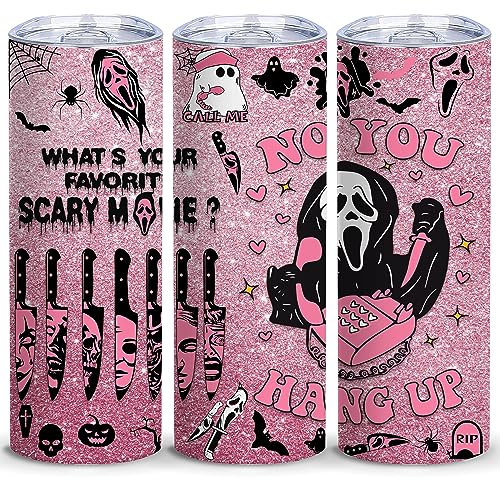 TUMBTU Ghostface 20oz Skinny Tumbler for Women Girls Spooky Vibes 20oz Horror Scary Face Theme Decor Insulated Cup with Lid -Vacuum Stainless Steel Coffee Mug Stemless Pink Cup