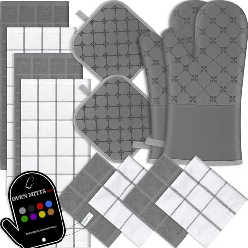 Oven Mitts Kitchen Towels Dishcloths with Pot Holders Sets 12PCS, Dish Towels Sets, Oven Gloves Pot Pads Heat Resistant 500 Degrees with Non-Slip Silicone Surface for Cooking Baking Grilling-Grey