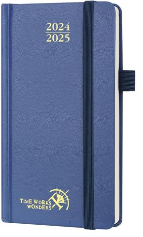 POPRUN Taschenkalender 2025 Klein Hardcover 16,5 x 9 cm (Aug.2024-Dez.2025) - Kalender 2025 Klein - Terminplaner, Planer 1 Woche 2 Seite mit Innentasche - Marineblau