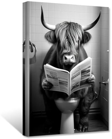 ZXHYWYM Lustige Schwarz Weiß Badezimmerdekoration Highland Kuh die auf der Toilette sitzt und Zeitungsbilder liest niedliche Tier Leinwanddrucke Kuh in der Toilette (Bild-3, (30.00 x 45.00 cms))