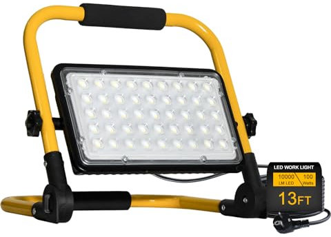 100W Projecteur LED Chantier 10000 Lumens Éclairage de Chantier Puissant Lumière Blanche 6500K Étanche IP66 avec Prise et Cordon de 4M pour Chantier d'atelier