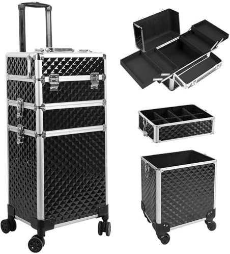 Kalolary 3-in-1 Professional Rolling Makeup Trolley Beauty Cosmetics Vanity Organizer Box Beauty Case On Wheels Storage Case for Artists Beautician (Black)