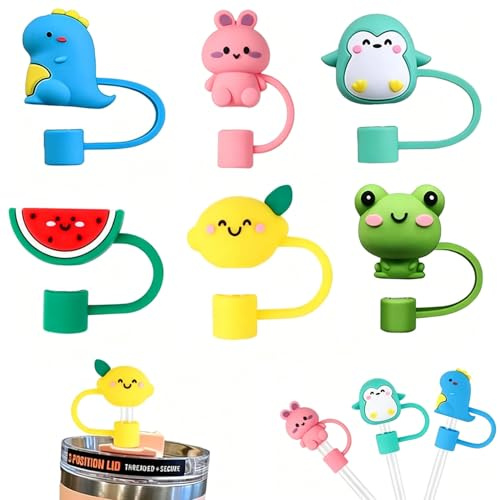 RXKFIGX 6Pcs Silicone Straw Cover Cap, Food Grade, Reusable, 10mm Dust-Proof, Cute Drinking Straws Cover Tips for Stanley 40/30 Oz Tumbler