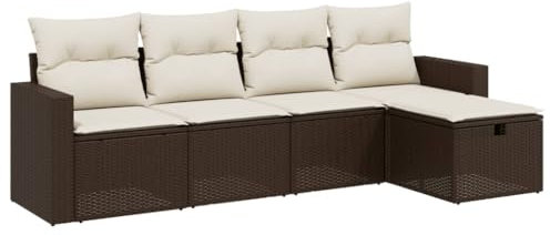 vidaXL Garten Sofa Garnitur 5-TLG., Gartenmöbel Set mit Kissen, Sitzgruppe für Garten Terrasse, Modular Gartensofa Lounge Hocker, Braun Poly Rattan