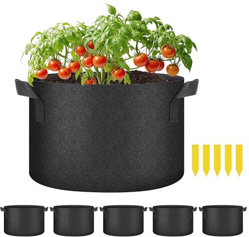 YSSOA 5-Pack 7 Gallon Grow Bags, Aeration Nonwoven Fabric Plant Pots with Handles, Heavy Duty Gardening Planter for Potato, Tomato, Vegetable and Fruits, Black 2024 Version