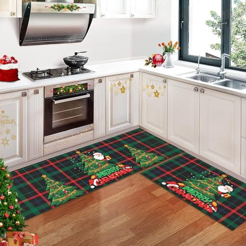 CAROMIO Weihnachtsbäume Schneeflocke Weihnachtsbaum Weihnachts Küchenmatten 2er-Set Winterdekor Flache rutschfeste Küchenteppiche für den Boden, 40 x 60 + 40 x 120 cm, Grün