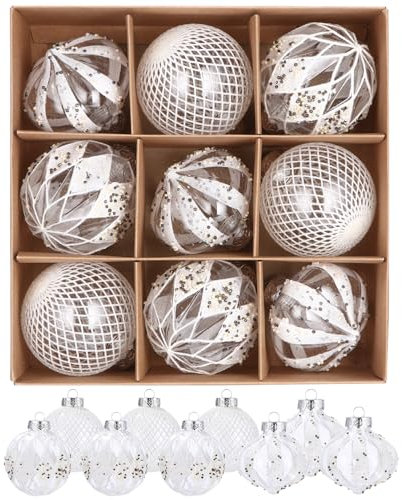 Yulado Weihnachtskugeln 9 tlg, 8 CM Kunststoff Christbaumkugeln, Weihnachtsdeko, Weihnachtsbaum Dekoration Set, Baumschmuck Weihnachten, Weihnachtsbaumkugeln für Weihnachten und Party Dekoration. Weiß