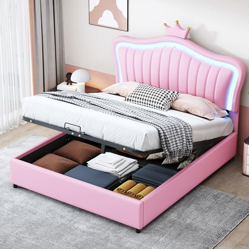 Dolamaní Polsterbett Jugendbett Mädchen Bett 140x200 cm mit Hydraulisches Stauraum, PU-Leder, Doppelbett mit Lattenrost, Polster Kopfteil-Prinzessinnen-Krone, Rosa