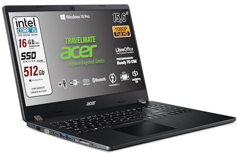 acer Travelmate, pc portatile, Cpu Intel Core i5 QuadCore, SSD NVMe da 512 b, Ram 16Gb, Display 15,6 FullHD, USB Type-C, Wi-Fi, HDMI, LAN, VGA, Windows 10 Pro, Libre Office - Pronto all'uso