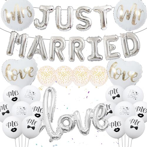 Just Married Hochzeit Deko Kit - 35 Stück Hochzeitsdeko Ballons Just Married Folienballon Silber Love Mr & Mrs runder Luftballons für Standesamt Tischdeko Hochzeit Auto Deko Brautpaar Zimmerdeko