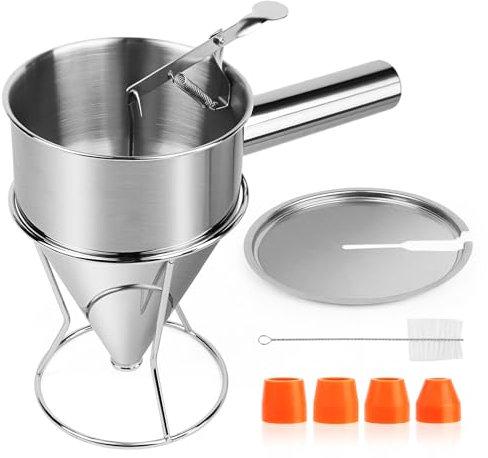 TNOMSNO Entonnoir a Piston, 1200ML Entonnoir de Cuisson en Acier Inoxydable Entonnoir a Piston avec Support Entonnoir a Piston avec Couvercle 4 Buses de Remplacement pour Desserts Cupcakes