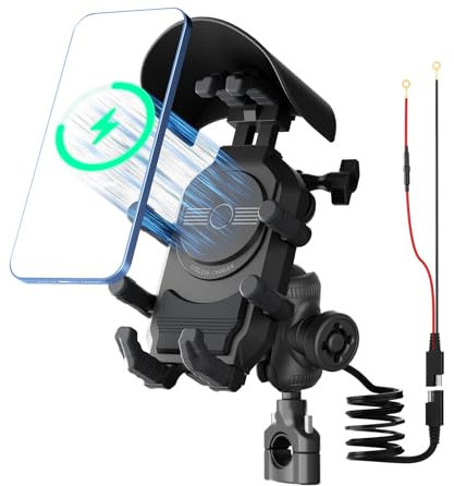 Motorcycle Phone Mount with 15W Wireless Charger & PD/USB-C USB Quick Charger Anti Vibration Theft Motorcycle Phone Holder with Sun Shade for Motorcycle E Bike