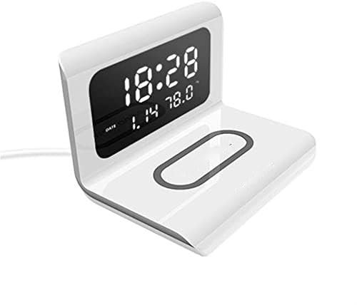 Relogic Reloj Despertador Digital con Cargador Inalámbrico y USB, Termómetro y Fecha - Blanco - Small (Width: 17 cm, Height: 12 cm)