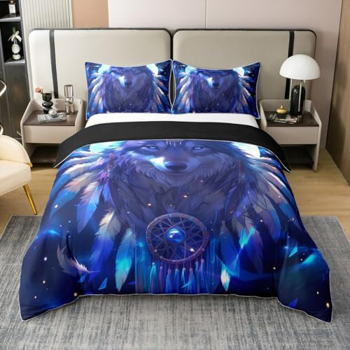 100% Baumwolle Nordic Wolf Bettbezug Set 135x200,Boho Tribal Ethnische Bettwäsche Set für Kinder Jungen,Exotische Traum Catcher Tröster Abdeckung,Wölfe König Wild Tier Bettwäsche Set mit Eckbindern
