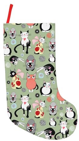 Calza da appendere al caminetto con stampa di gatti in stile cartone animato, per Natale, vacanze, feste, decorazioni natalizie