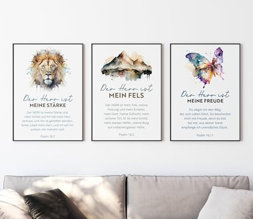 timalo SALT-AND-LIGHT® Christliche Wandbilder Bibelverse Deutsch Poster 3 Stück im 3er Set Wanddeko Wohnzimmer Deko Schlafzimmer | Der Herr ist meine Stärke | A3