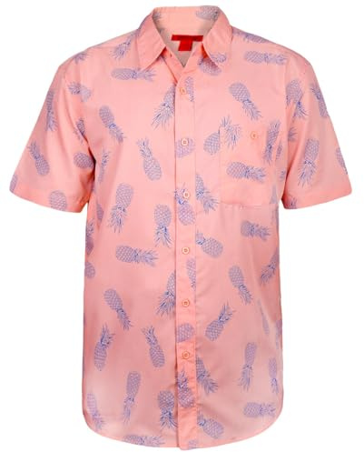 True Face Men’s Hawaiian Shirt Slim FitCasual Beach Shirt for Summer with Front Pocket Funky Palm Tree Floral Pineapple Print Perfect for Holidays Beach Parties Lightweight Top Coral - 032 XXL