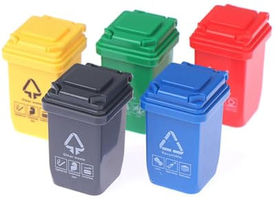 KEMUZ 5 botes de basura en miniatura con tapas abiertas, pequeño cubo de basura modelo mini cubo de basura para vehículos en la acera, mini cubo de basura para niños pequeños escala