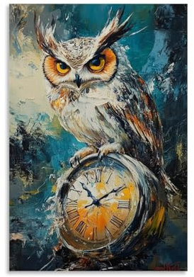 ZZXZHTHB Surrealistische Eule sitzt auf einer schmelzenden Uhr, Dali-artige Traumlandschaft, reiche Impasto-Striche, Wandkunst, Wandbild, moderne Dekoration, hängendes Kunstposter, 30 x 45 cm