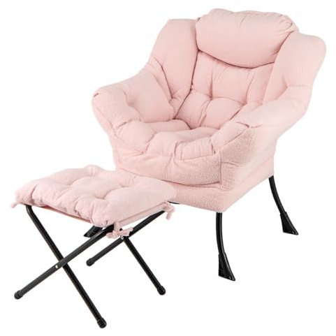 FANTASK Sessel mit Hocker, Relaxsessel mit Armlehnen, Seitentasche & Fußstütze, Loungesessel, Fernsehsessel(Rosa)
