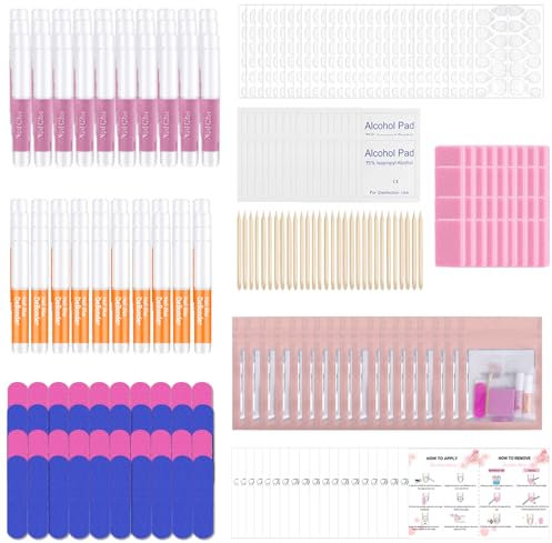 Press on Nails Prep Kit - 40PCS All-in-One Tool Set with Glue, Remover, File, Buffer, Prep Pads, Adhesive Tabs & Wood Stick + Instructions