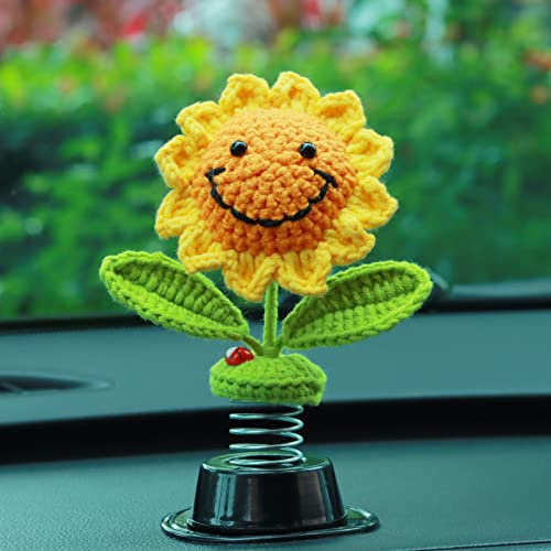 Lanovuto Auto Deko, Gestrickte Sonnenblume Dekoration Zubehö für Heim Büro Auto Armaturenbrett, Wackelfigur Geschenk für Männer und Frauen
